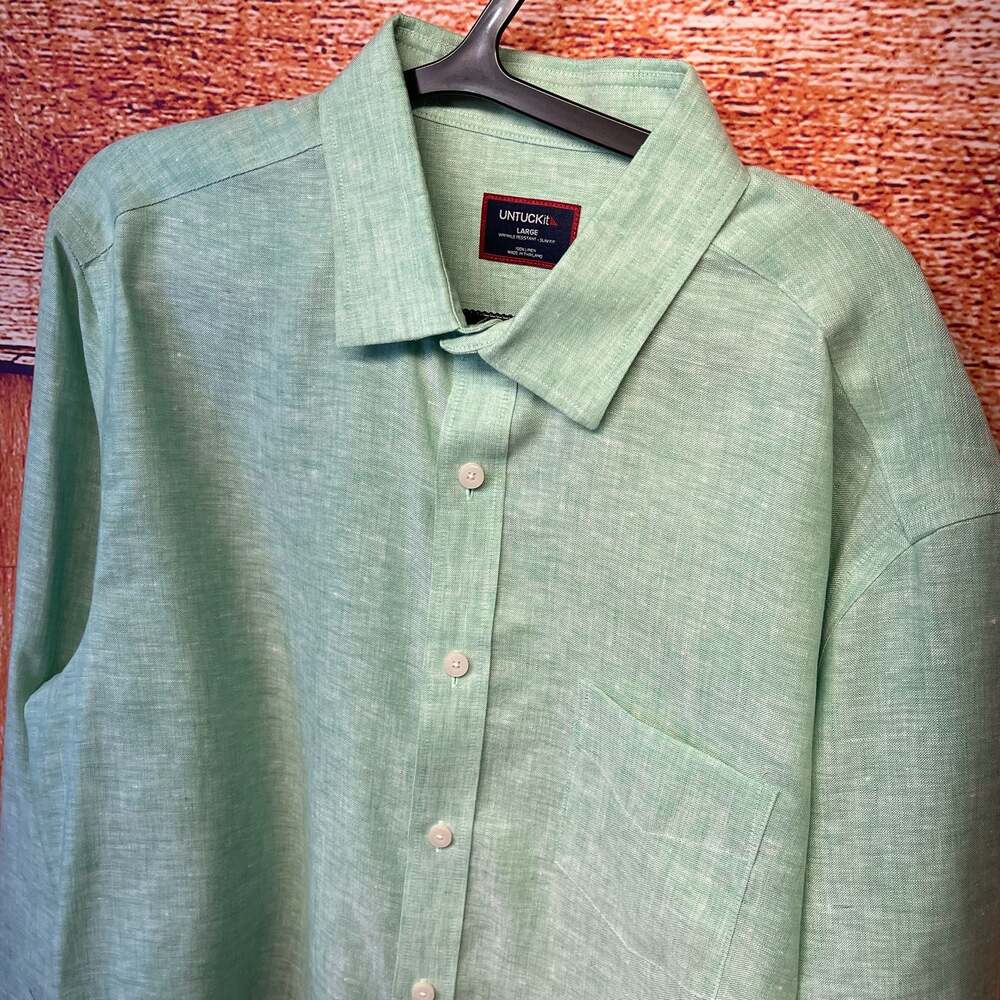 UNTUCKit Men's Large Slim Fit Long Sleeve 100% Linen Button-Up Shirt in Green - Picture 3 of 8